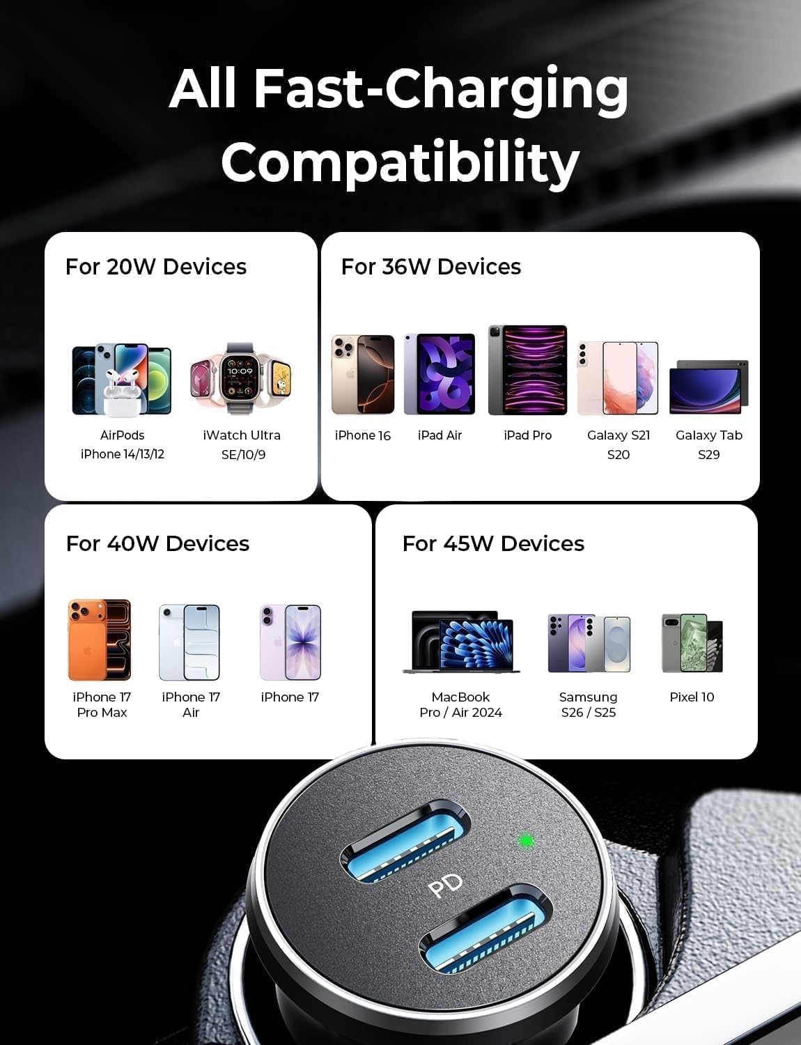 90W USB C Car Charger USB C Fast Charge, 45W PD&QC 3.0 Fast Car Charger for iPhone 17 Pro Max 16 15 Pro, Cigarette
