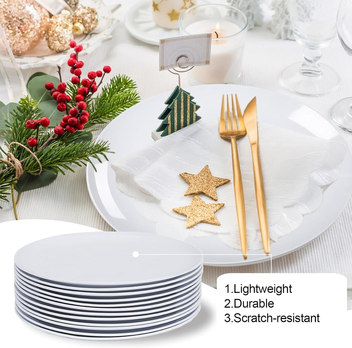 White Melamine Dinner Plates，12pcs Dishes Set，10“ Lightweight Round Plates