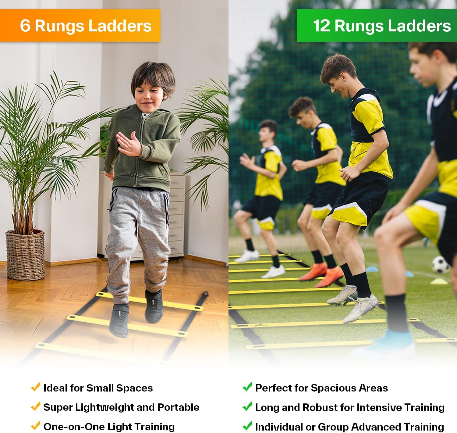 Agility Ladder Speed Training Set 12 Rungs 20ft Detachable Exercise Ladders in 2pcs (6 rungs Each) with Ground Stakes