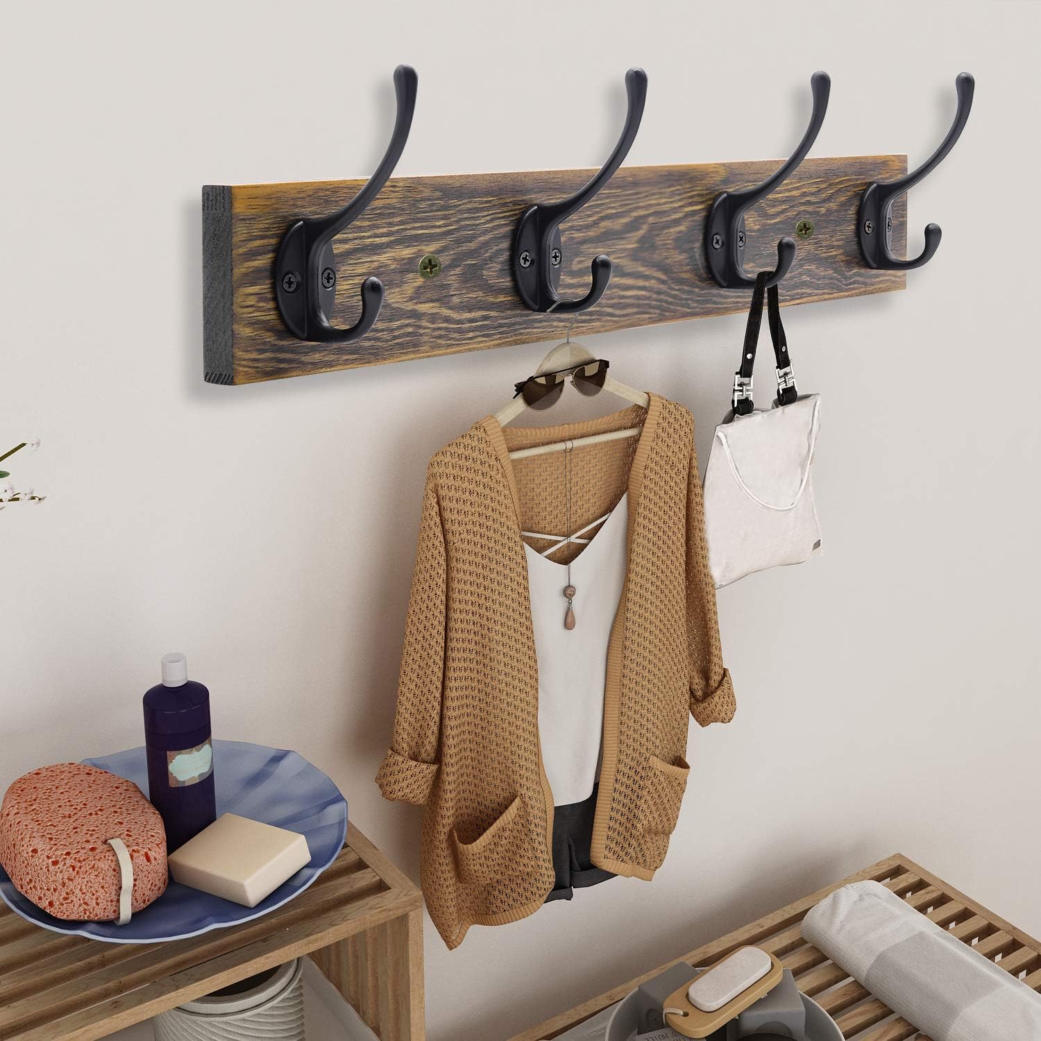 Wall Mounted Coat Rack, Entryway Hanging , Metal Wood Rack with 4 Black Literary Rustic Hooks Rail for Scarf, Bag