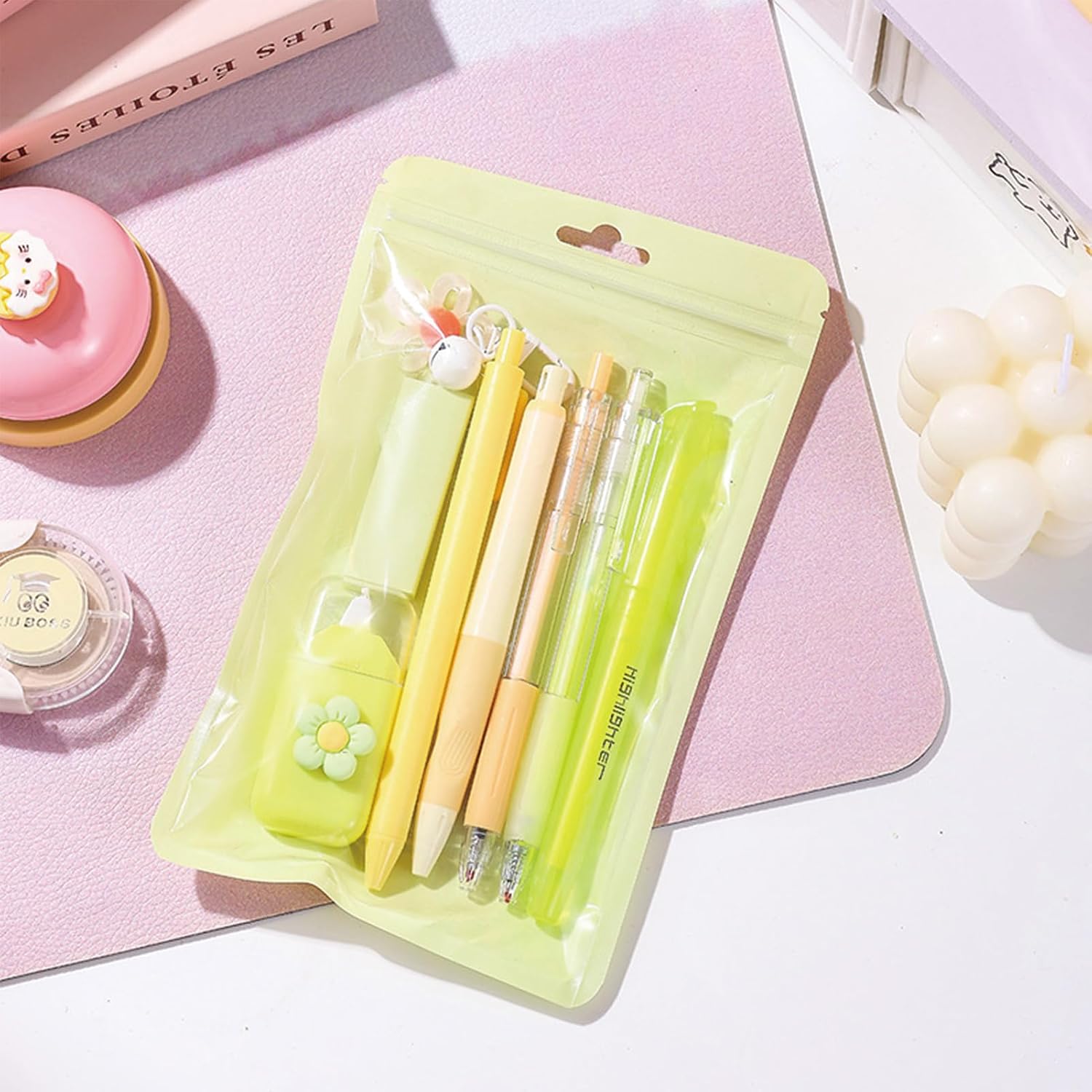8 Pcs Cute Yellow Stationery Set for Girls Boys Women Back to School Supplies Office Supplies Kawaii Candy Colors