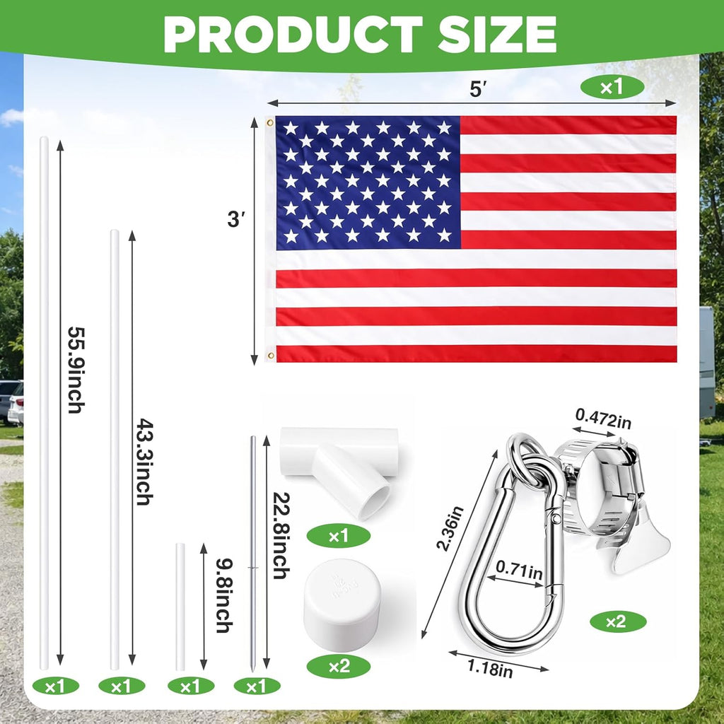 Portable Flag Pole Kit with 3'x5' American Flag-PVC Telescoping Flagpole for RV, Camping, Tailgate-Tire Mount &