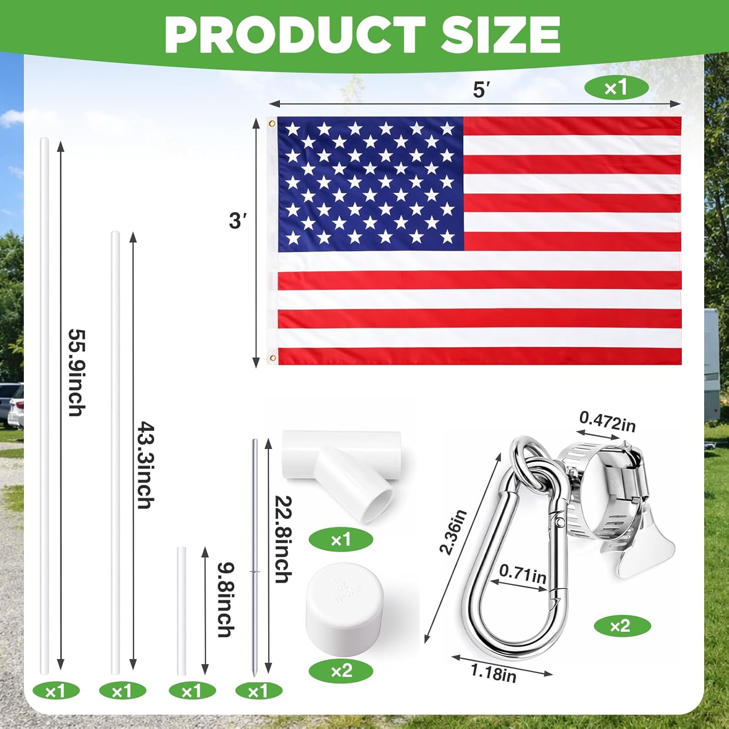 Portable Flag Pole Kit with 3'x5' American Flag-PVC Telescoping Flagpole for RV, Camping, Tailgate-Tire Mount &
