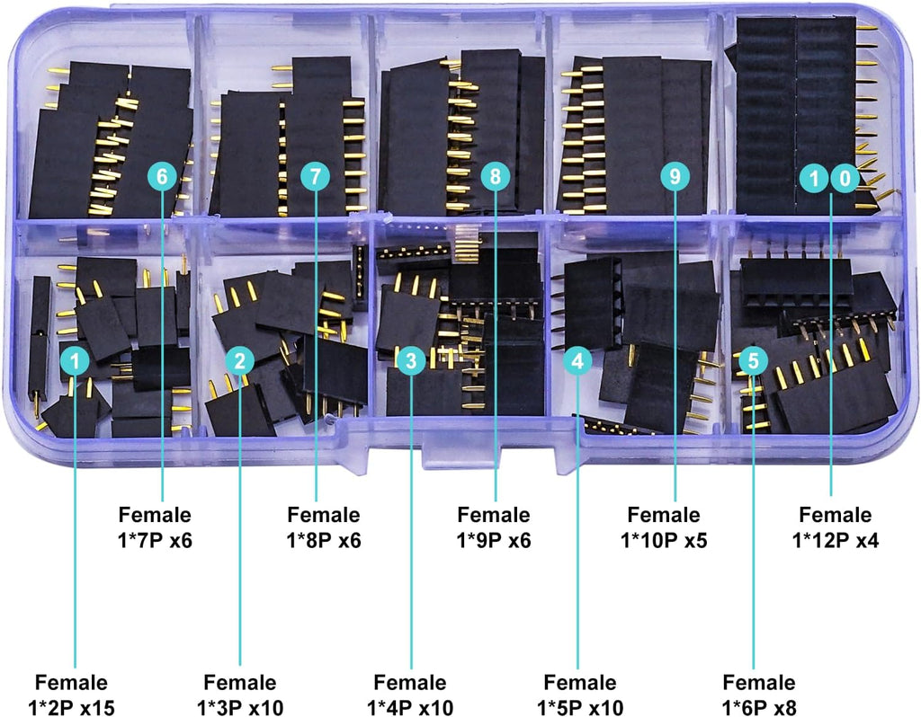 2.54mm Female Pin Headers Kit, 2-12P, 80pcs, Black, Plastic, PCB Mount, Plug-In