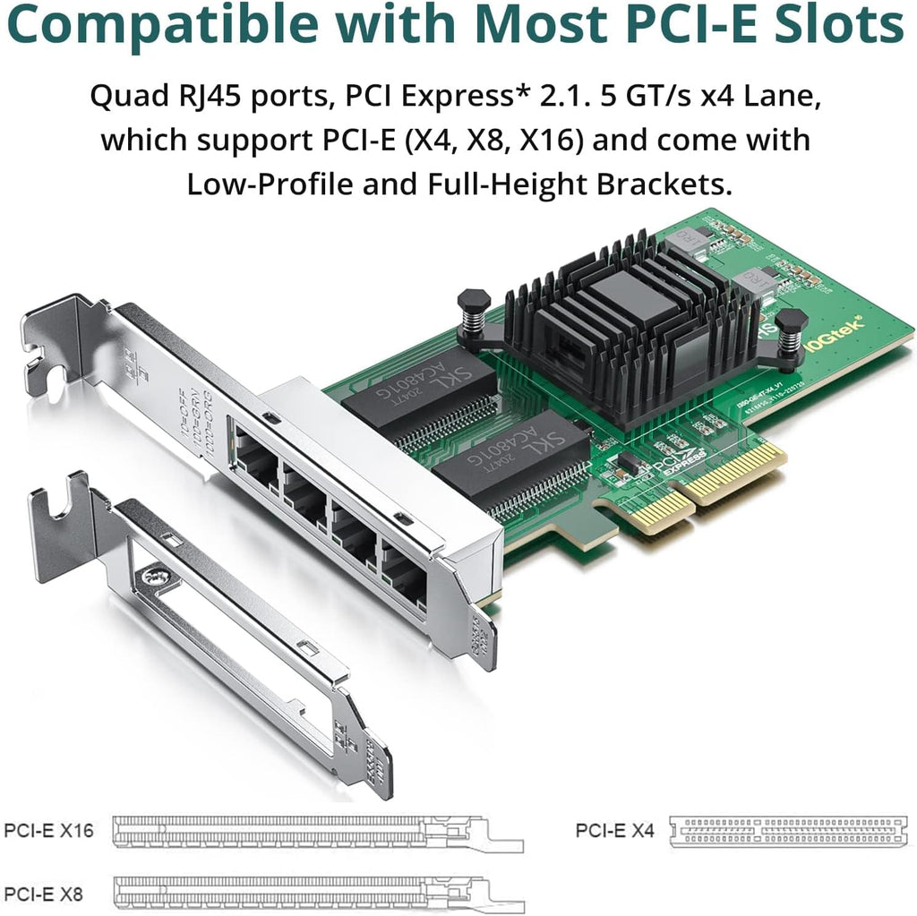 ipolex 4 Port Gigabit Ethernet NIC, Low Profile PCI-E 2.1 X4 Network Adapter, Compatible with I350-AM4 Controller, Quad RJ45 Ports, for Windows XP/Linux/VMware ESX/ESXi
