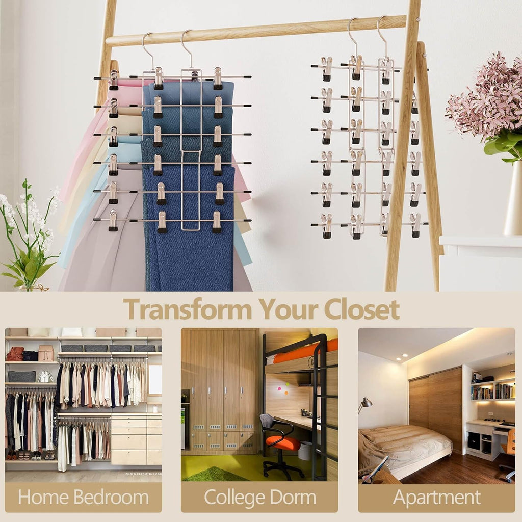 Pants Hangers with Clips,Space Saving Hanging Closet Organizer-6 Tiers Skirt Hangers with 360° Swivel Hook,Closet