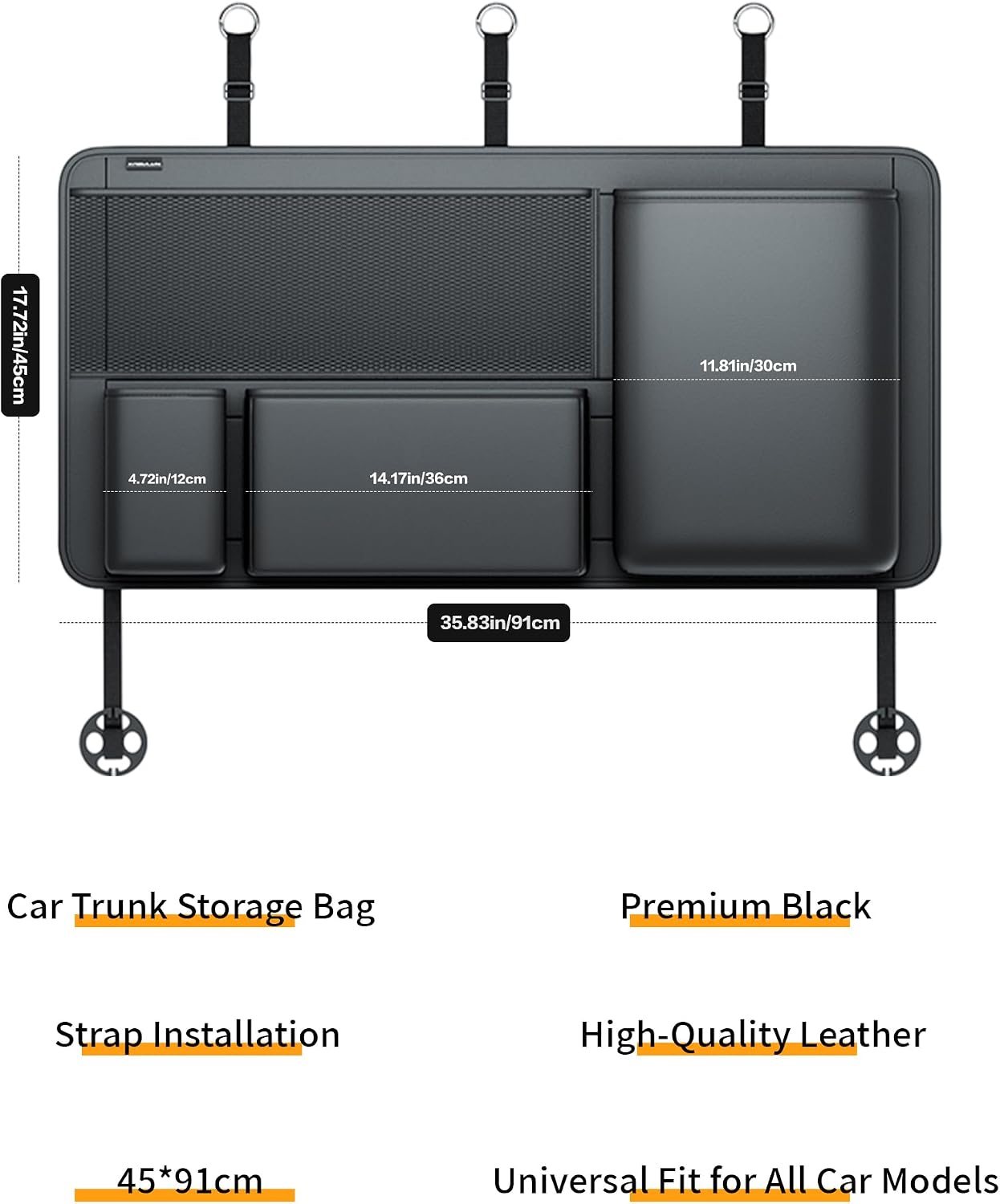 PU Leather Trunk Organizer for SUV, Sedan & Truck | Durable & odor-free rigid PU, 36in vertical storage with 4