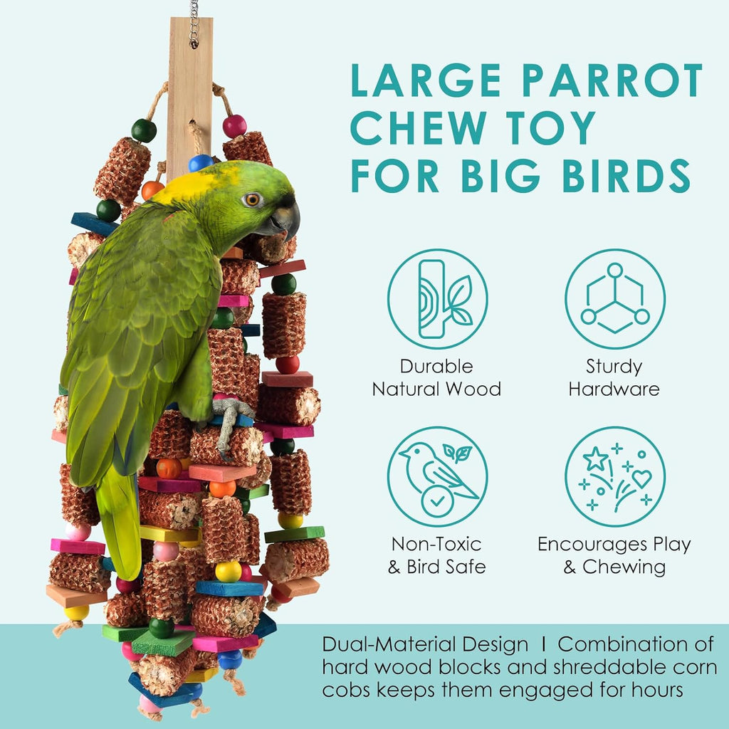 Bird Toys for Parrots, 22in Large Parrot Chew Toys Natural Wood and Corn Cob Hanging Chewable Shredding Toy for Bird