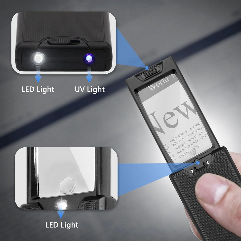 2.5X & 45X Pocket Magnifying Glass with Light, Pullout Jewelers Loupe | Black Handheld Magnifier with LED & UV Lights