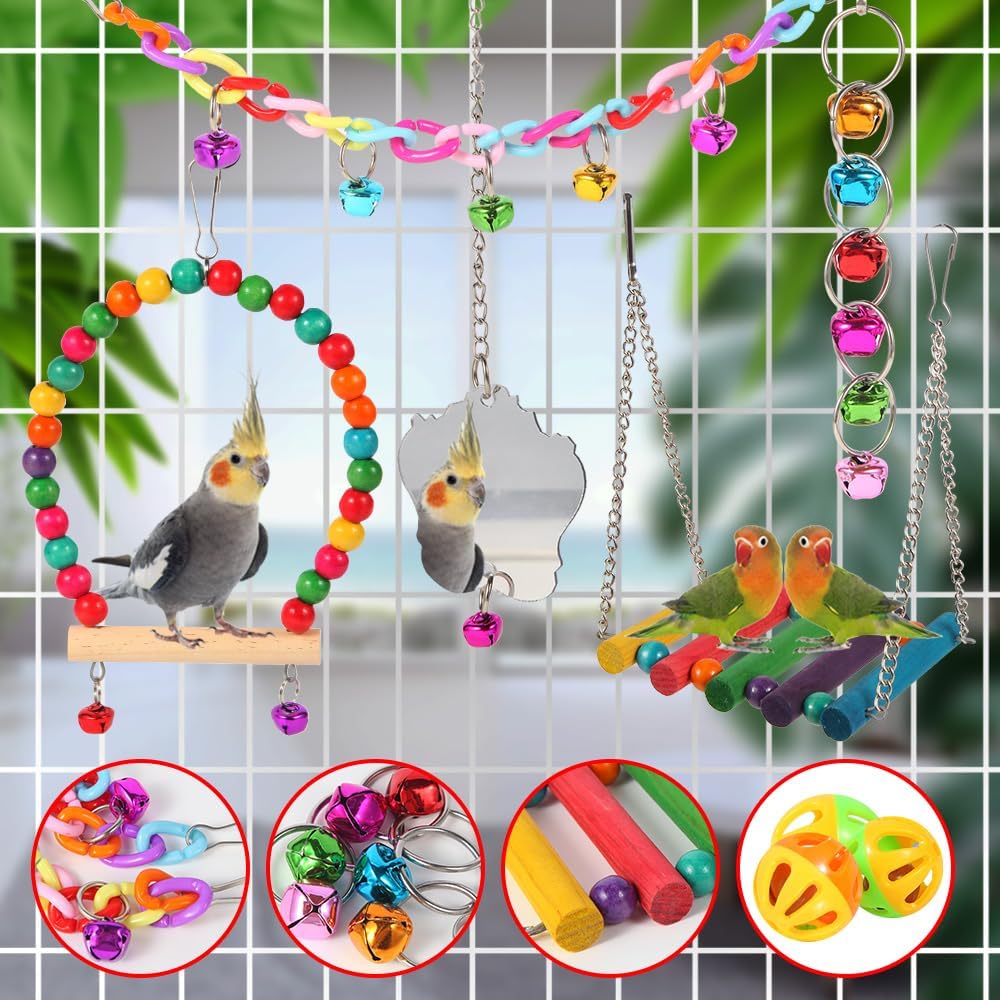 Bird Toys for Parakeets, Parrots, Conures, Cockatiels, Love Birds, Finches, Mynah, Budgerigar - 9Pcs Wooden Ladder