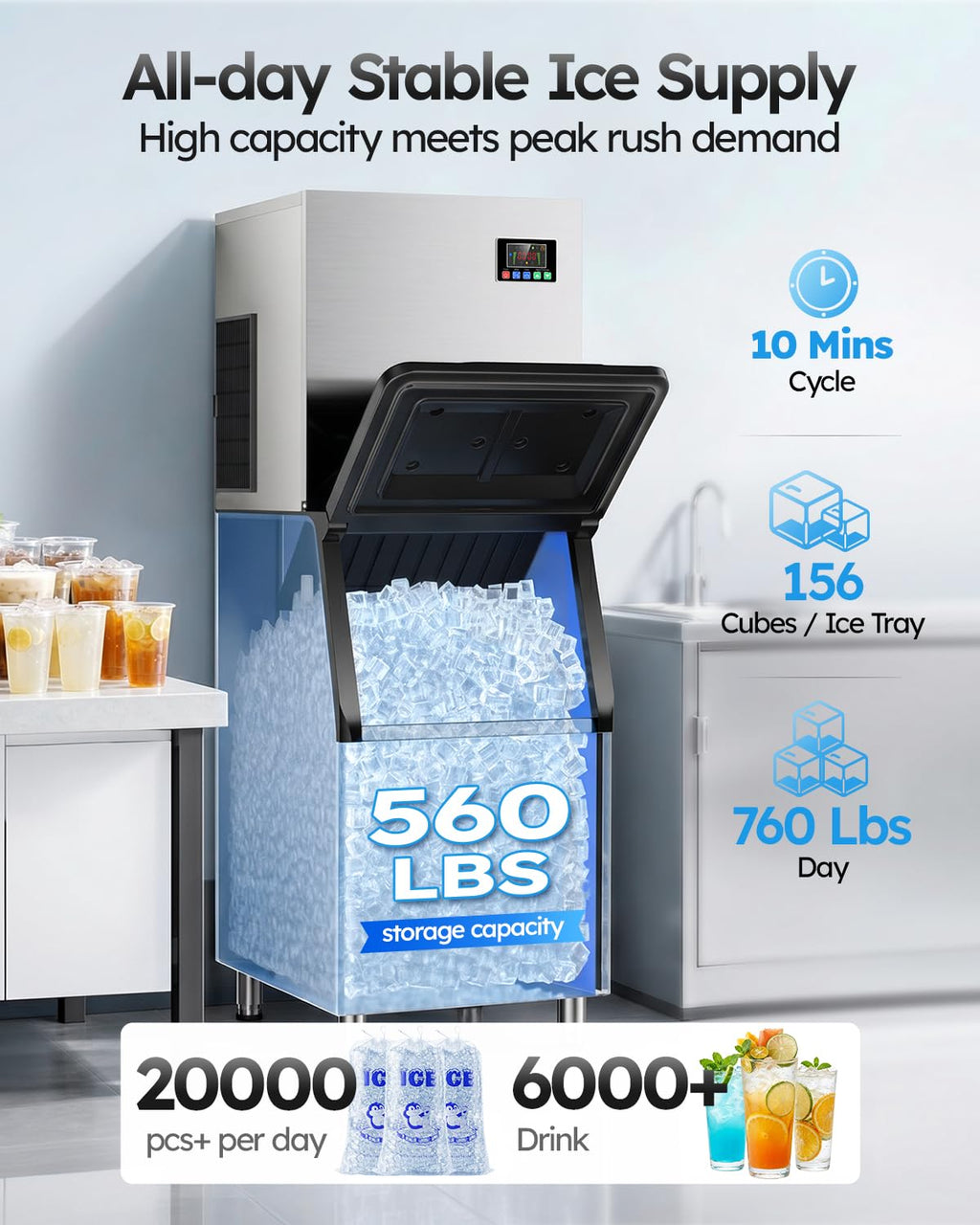 760LBS/24H Commercial Ice Maker Machine, ETL Approval & 560LBS Bin