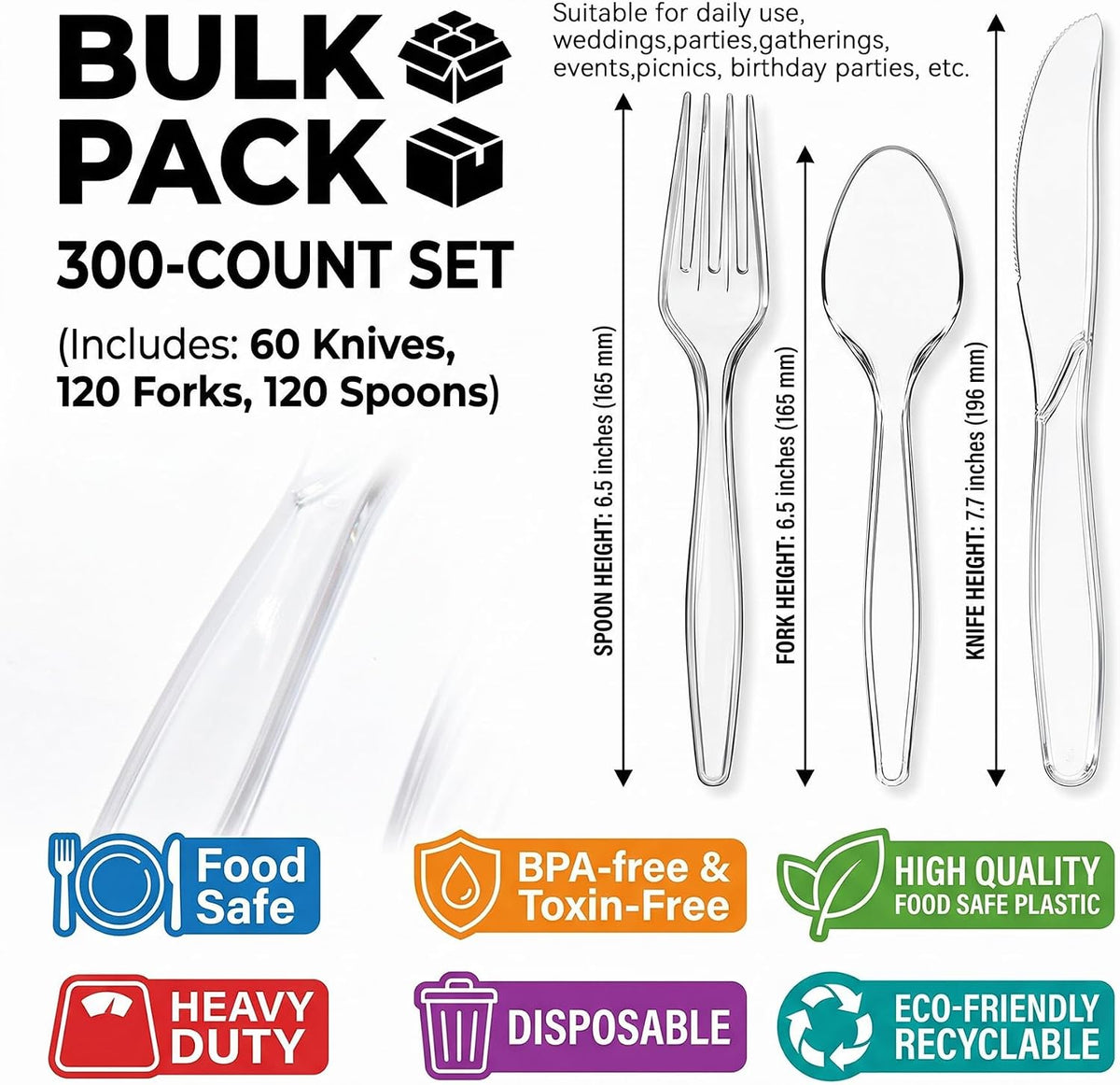 300 Count Extra Heavy Duty Plastic Silverware, Disposable Cutlery for Party