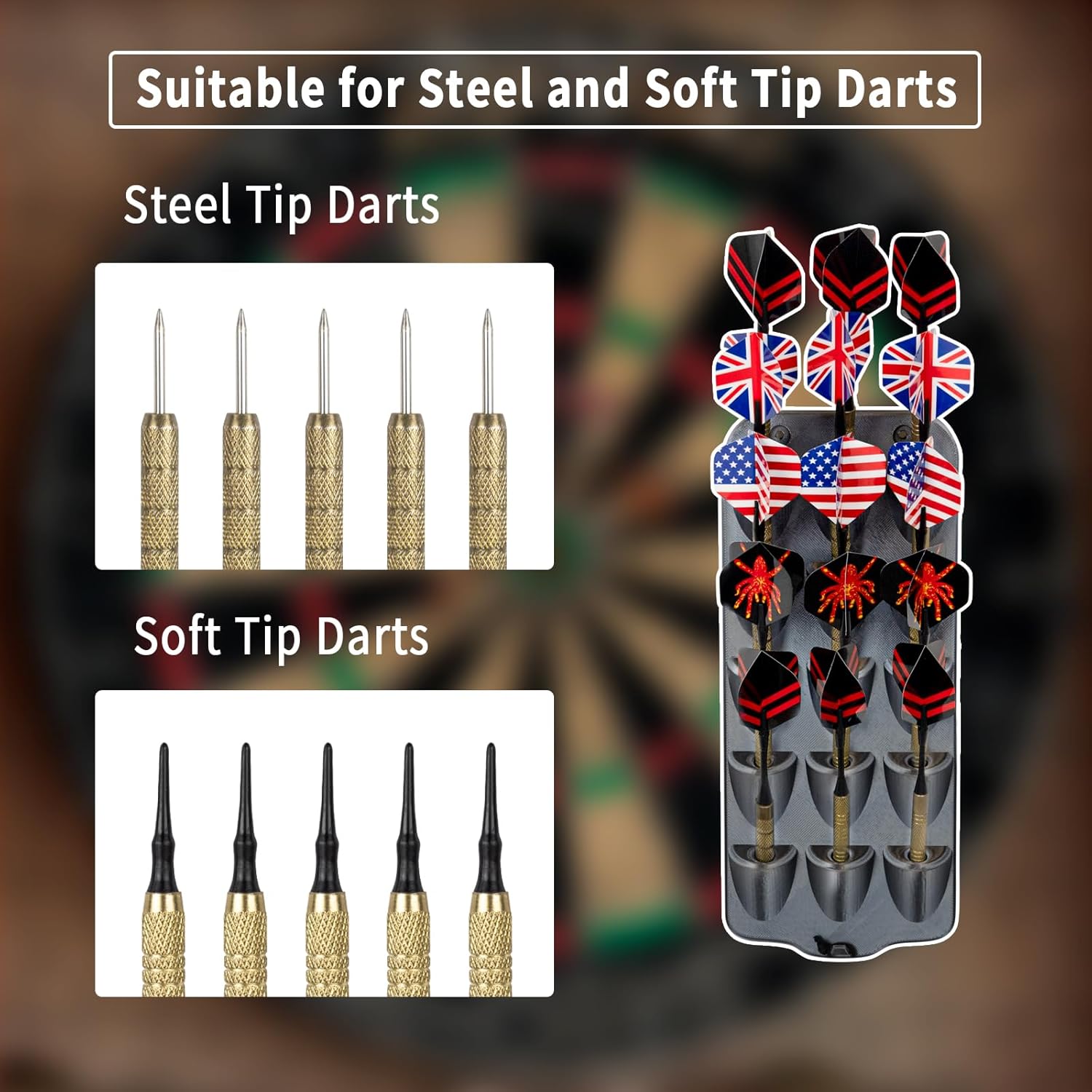 Dart Holder Wall Mount,Dart Display Rack Displays 15 Steel/Soft Tip Darts,with Storage Bag,sharpener