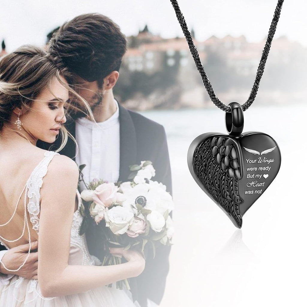 Love Heart Urn Necklace for Ashes Keepsake Memorial Cremation Jewelry Stainless Steel Angel Wing Heart Urn Locket