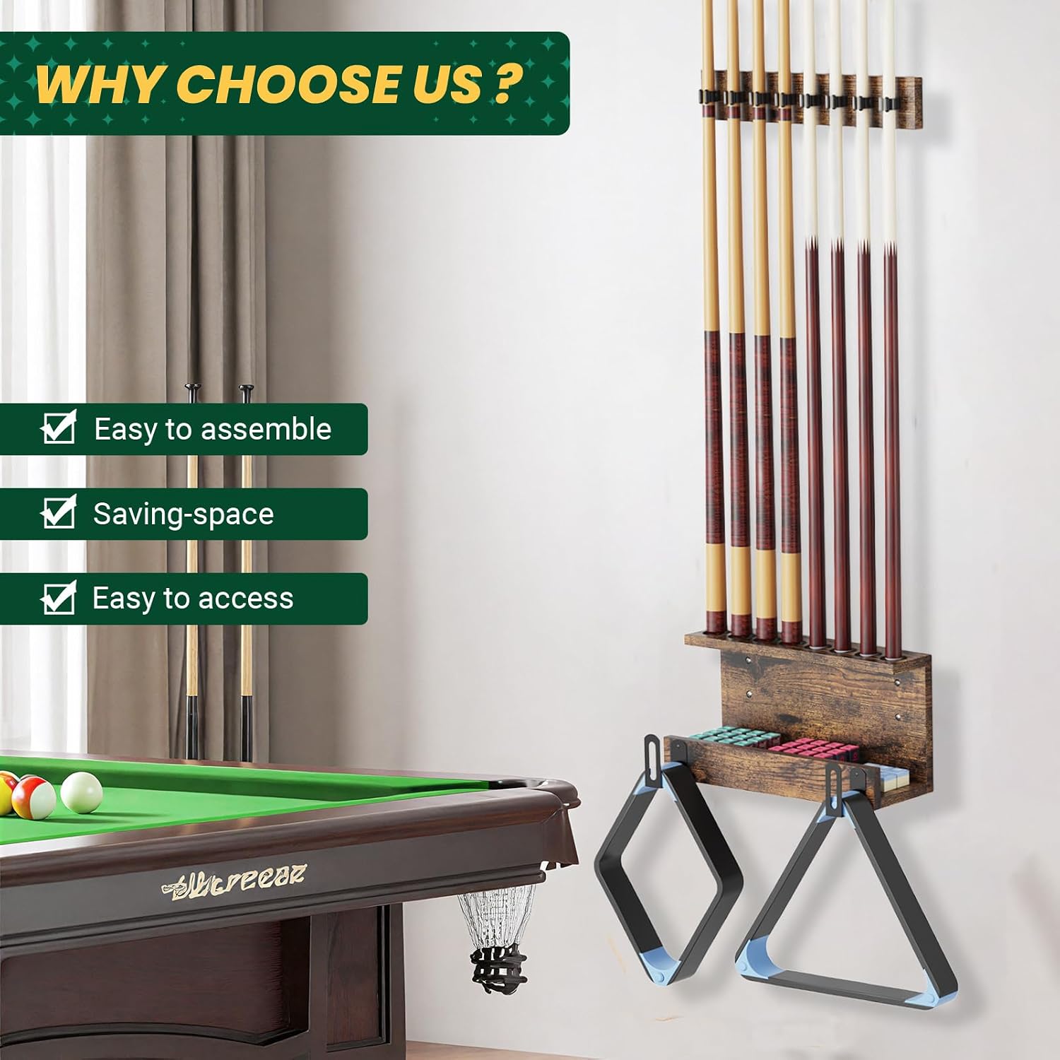 Wall Mount Pool Cue Holder – Hardwood Billiards Cue Rack for 8 Sticks, Pool Stick Wall Mount Storage Organizer, Pool