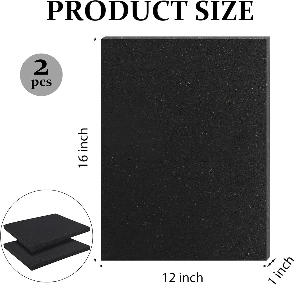 Polyurethane Foam Sheets, Black, 16 x 12 x 1 Inch, 2 Pcs