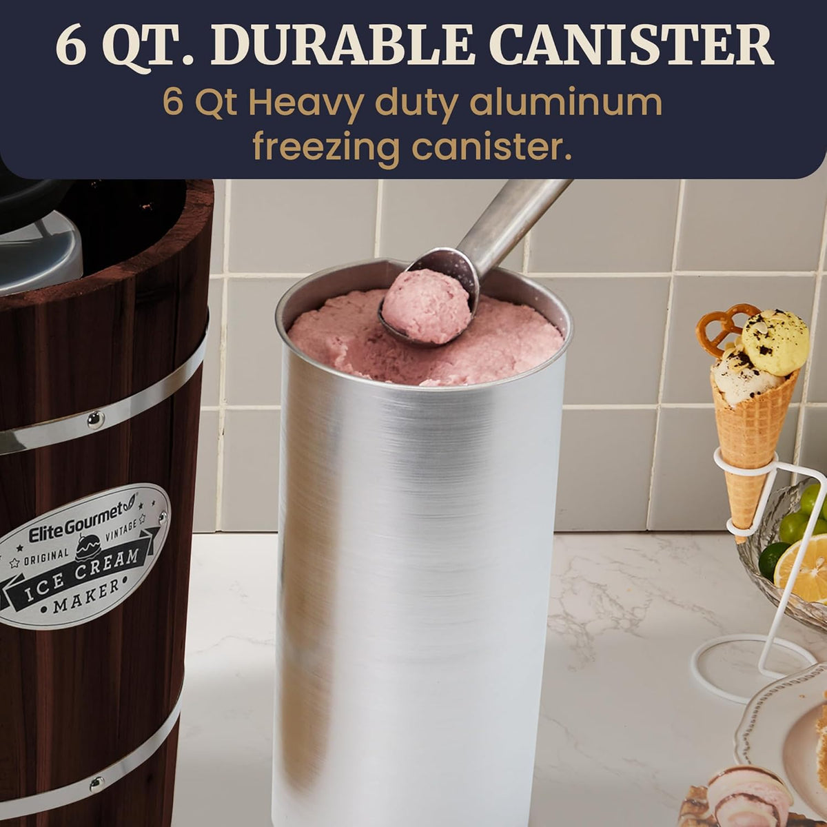 EIM949 6Qt Old Fashioned Walnut Wood Bucket Ice Cream Maker
