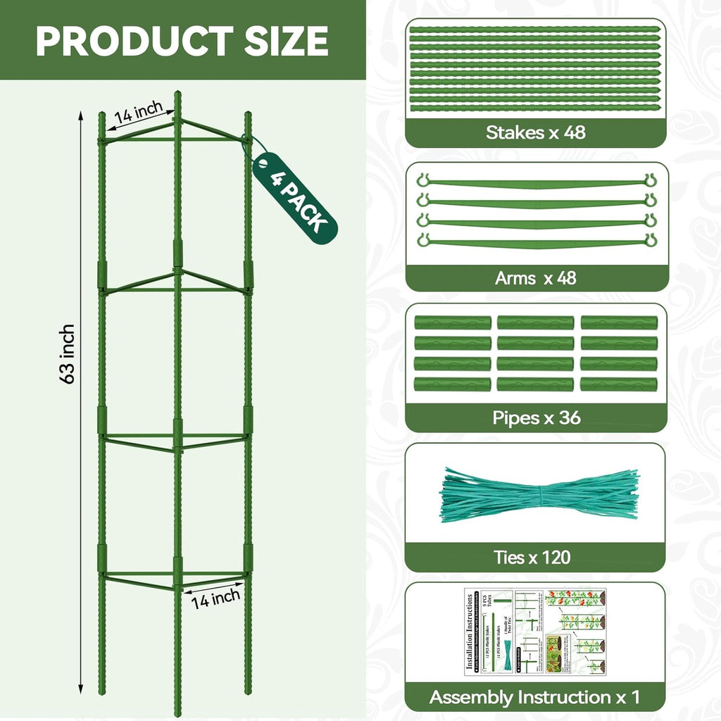 63 Inch Tomato Cages, 4 Pack Adiustable Plant Cages Assembled Tomato Garden Cages Stakes Vegetable Support Trellis