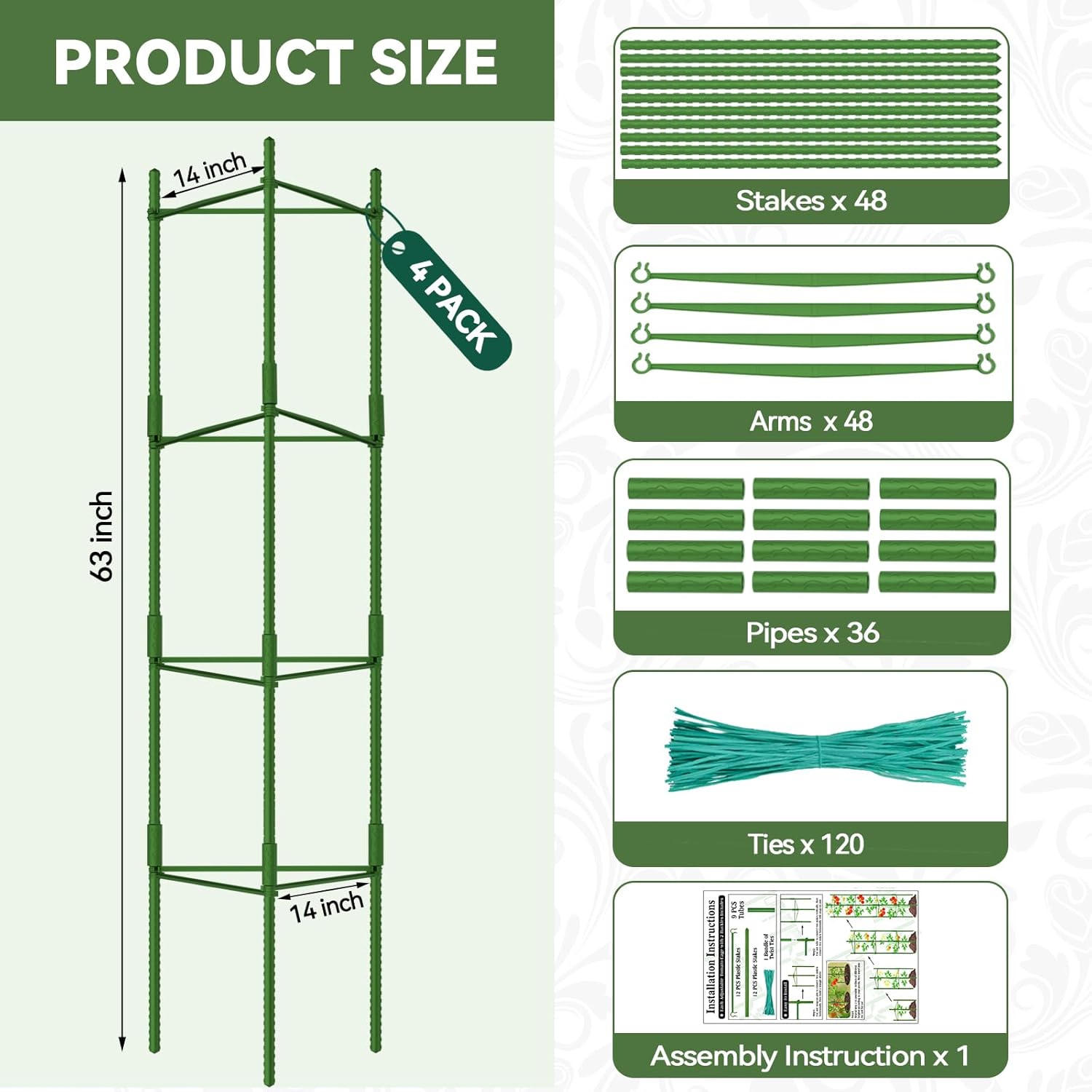 63 Inch Tomato Cages, 4 Pack Adiustable Plant Cages Assembled Tomato Garden Cages Stakes Vegetable Support Trellis