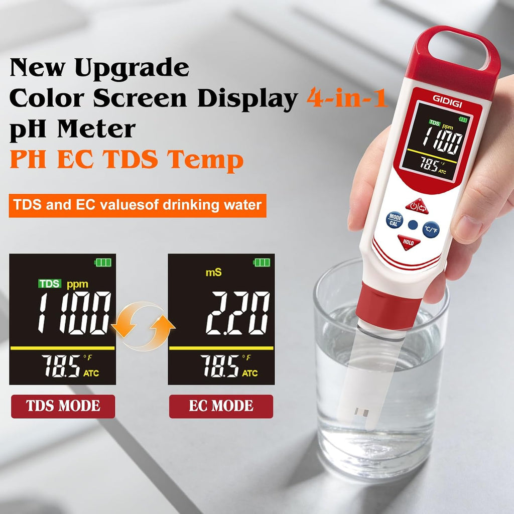 pH EC Meter for Hydroponic, Digital pH TDS EC ppm Tester | Color Screen Display, High Accuracy pH Pen Probe for