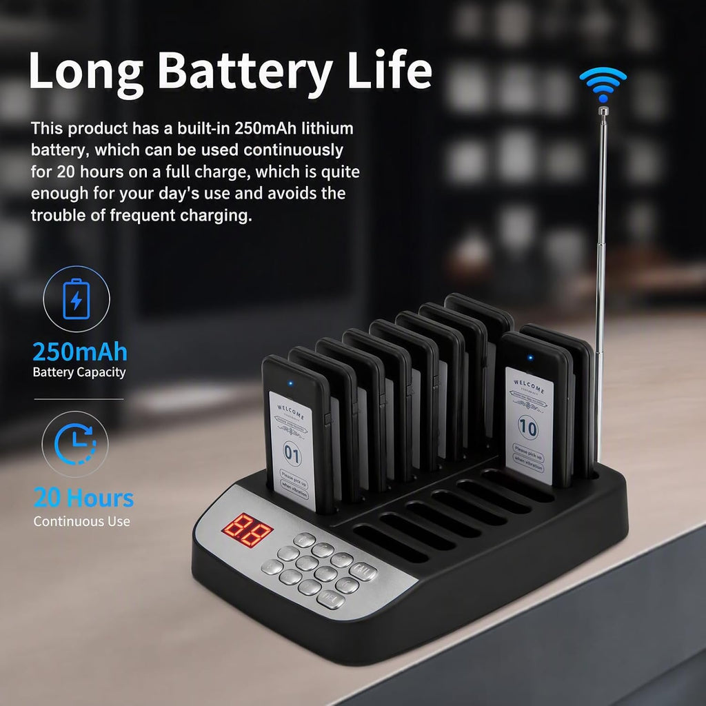 Restaurant Pager System, Wireless Guest Customer Service Calling System, 10 Pagers and 16 Charging Slots, Buzzer