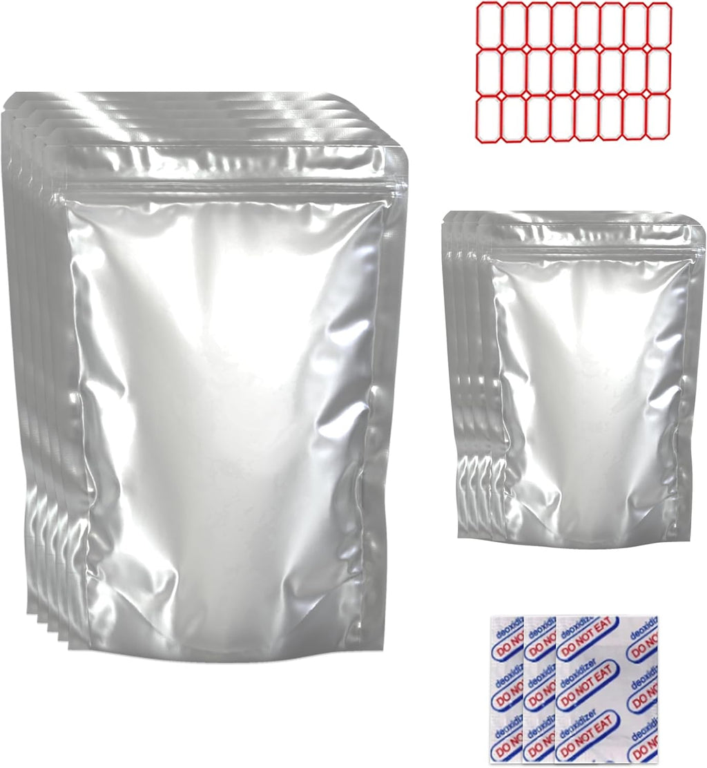 Food Storage Mylar Bags with Oxygen Absorbers, 50 PCS Kit (25 Gallon + 25 Quart), Heavy Duty Heat Sealable Resealable