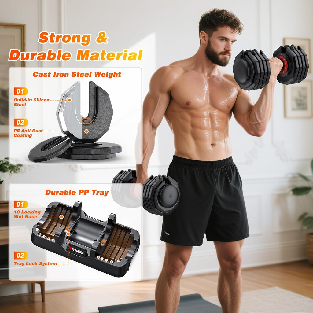 Adjustable Dumbbells Set of 2, Weight Set at Home | 25 to 80 lb, secure grip, space-saving design，fast weight change