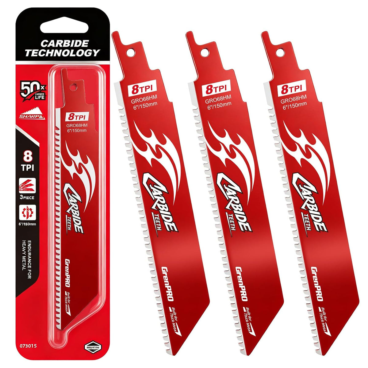 GRENPRO Carbide Reciprocating Saw Blades, 6" 8 TPI Thick Metal, 3-Pack