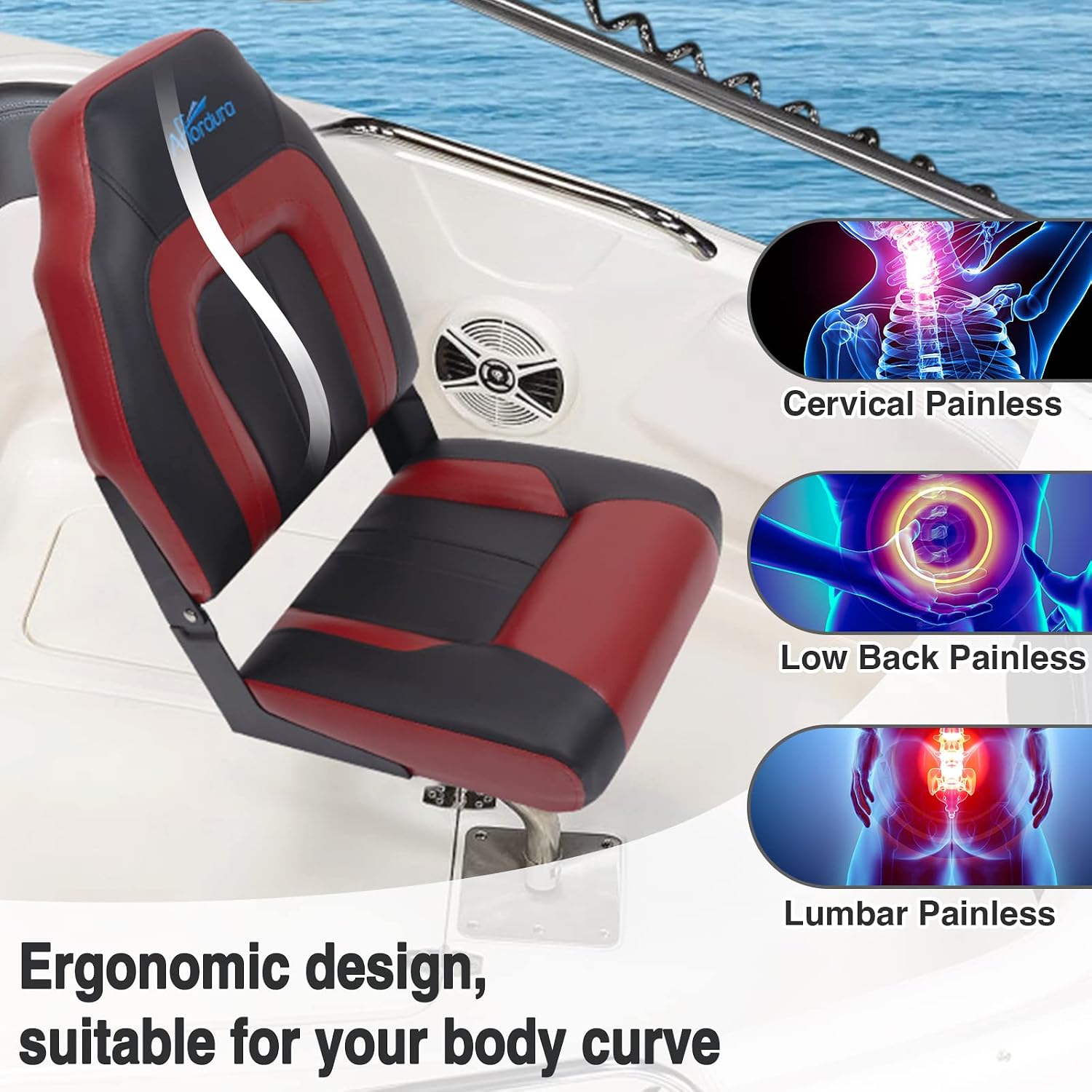 Boat Seat for Boats with 2 Storage Bags High Back Folding Boat Seat Boat Fold Down Seat (2 Packs), Black and Red