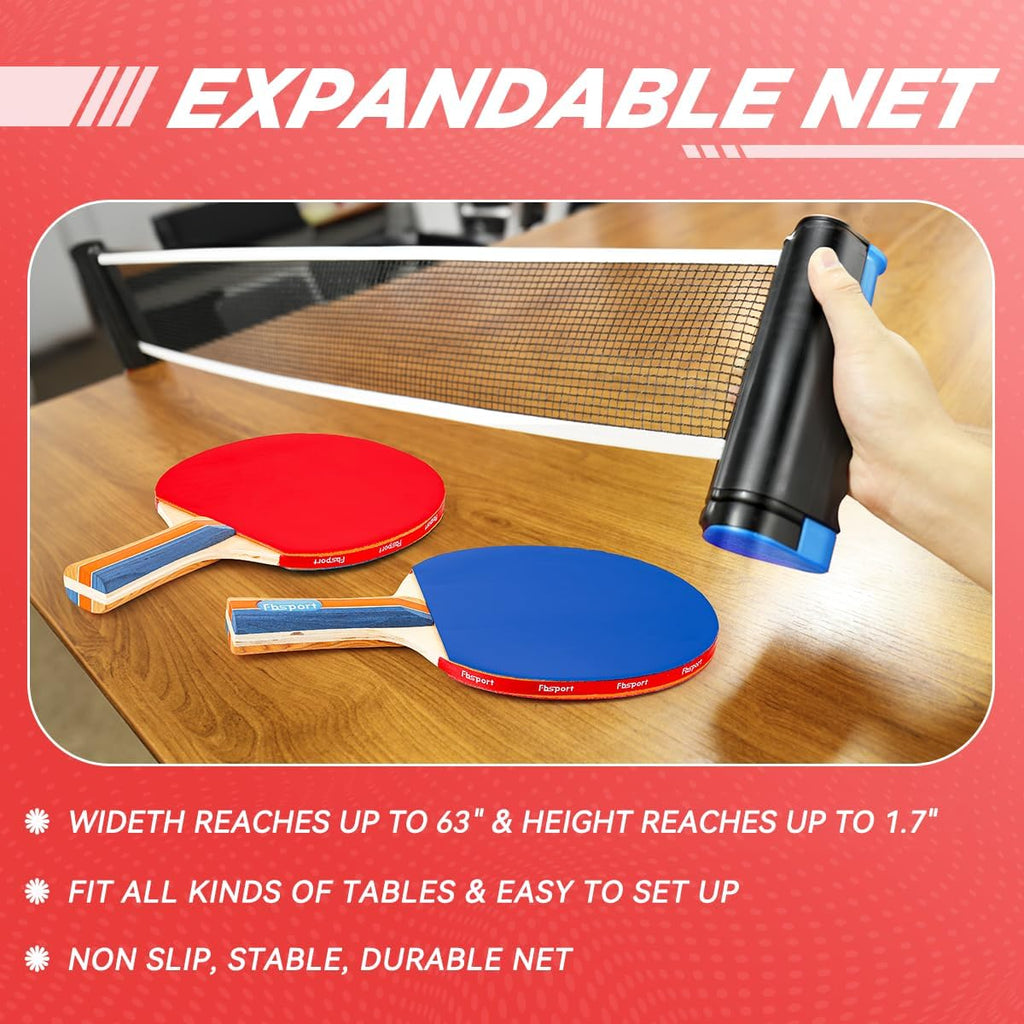 Ping Pong Paddle Set, Table Tennis Set with 4 Rackets and 8 Balls, Retractable Net with Storage Bag - Pingpong Paddle