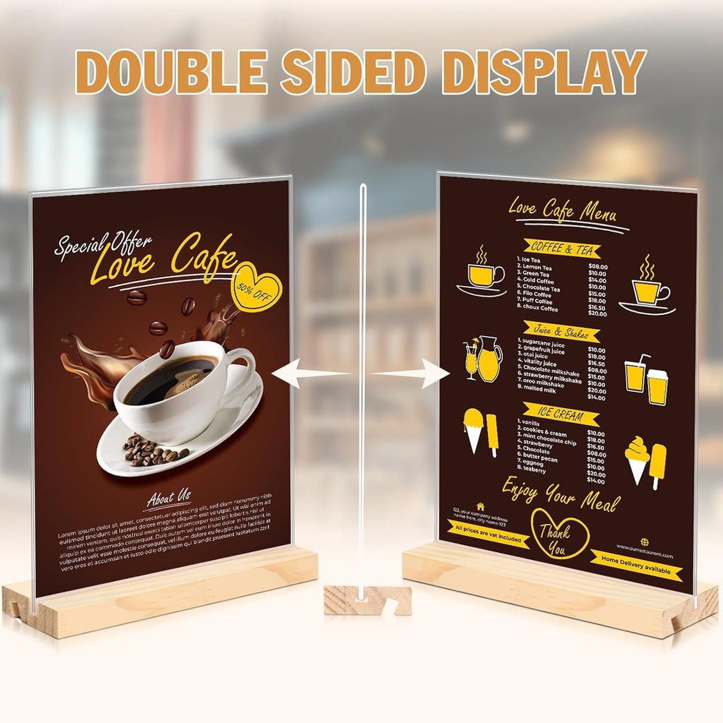 2 pack 8.5x11 Acrylic Sign Holder, L/T Shape with Wood Base | Plastic Flyer Stand Double Slot Design for Vertical or
