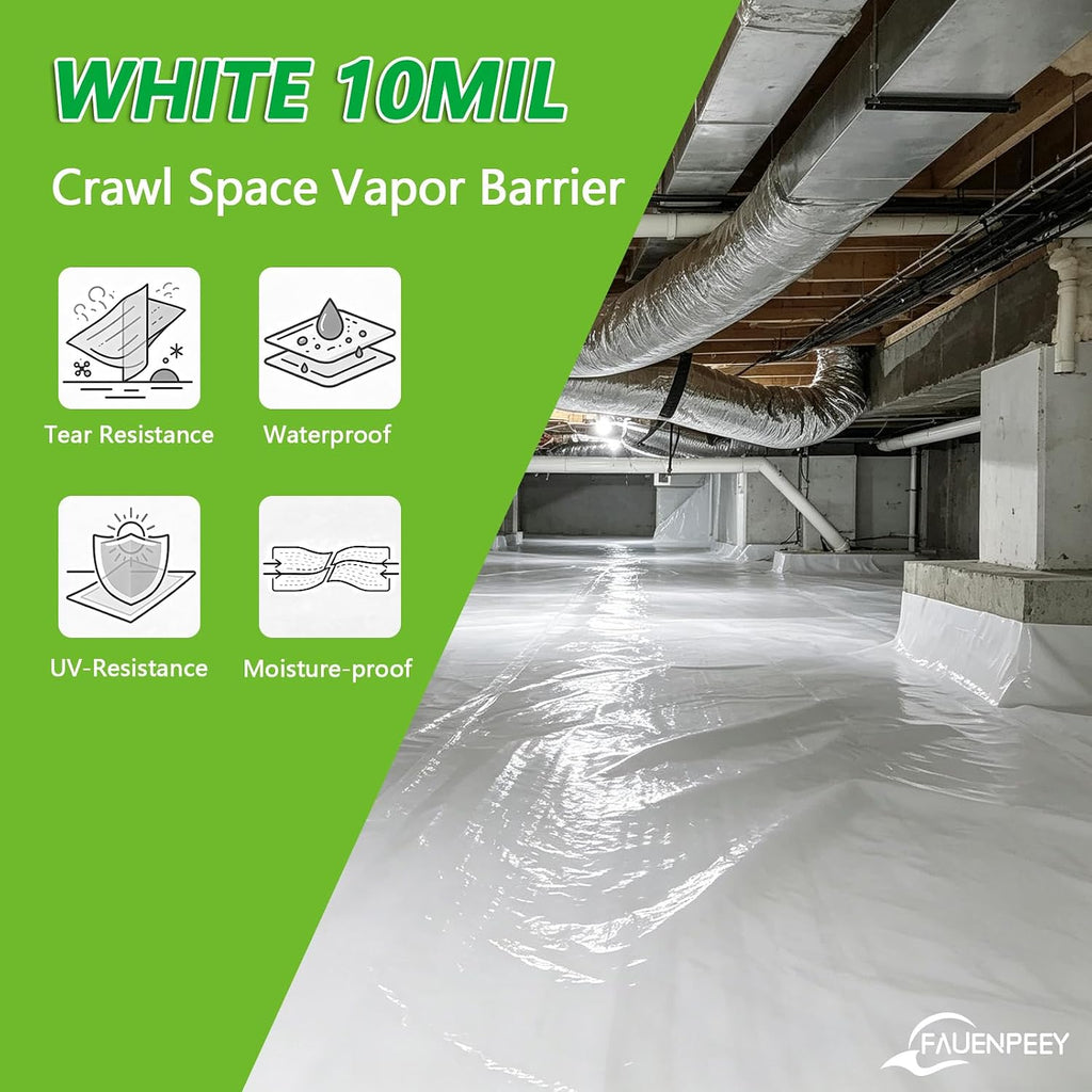 White Crawl Space Vapor Barrier, 12x100FT 10 mil Plastic Sheeting