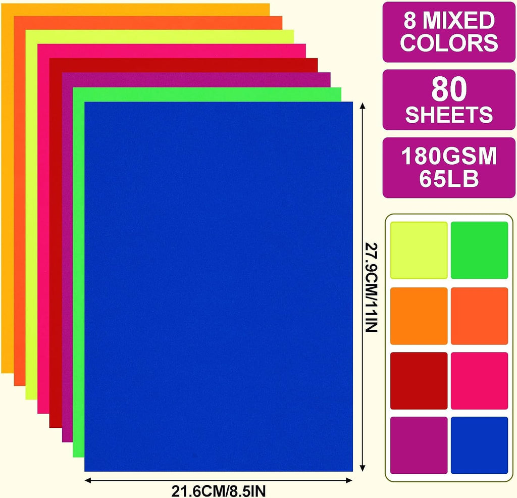 80 Sheets Cardstock 65lb 8 Bright Color Construction Paper 8.5’’ x 11’’