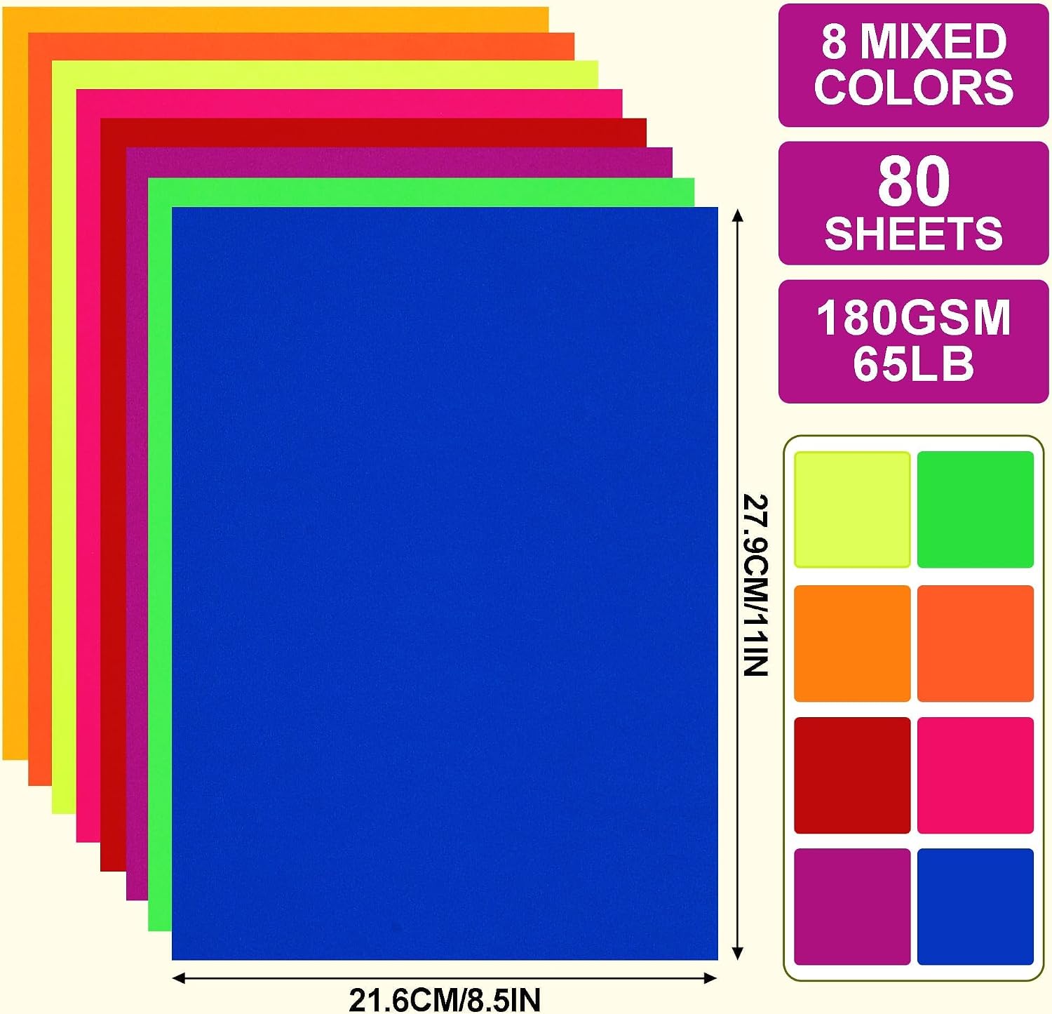 80 Sheets Cardstock 65lb 8 Bright Color Construction Paper 8.5’’ x 11’’