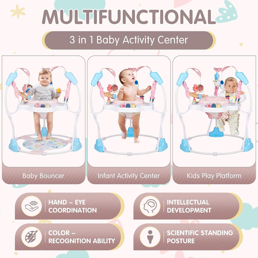 Baby Activity Center, 3-in-1 Baby Jumper, Infant Activity Center with 360° Rotating Seat, Music, Lights, 3 Adjustable