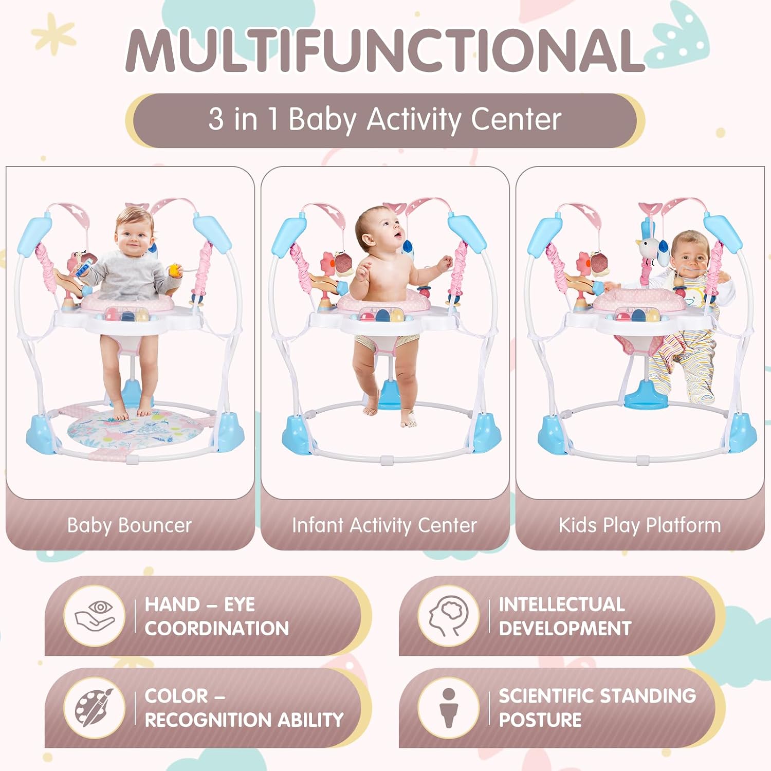 Baby Activity Center, 3-in-1 Baby Jumper, Infant Activity Center with 360° Rotating Seat, Music, Lights, 3 Adjustable