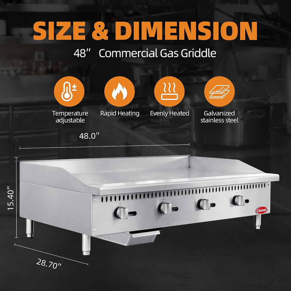 48" Commercial Countertop Griddle, 4 Burners Gas Griddle, 120000 BTU Output, Stainless Steel Flat Top Grill Hot Plate