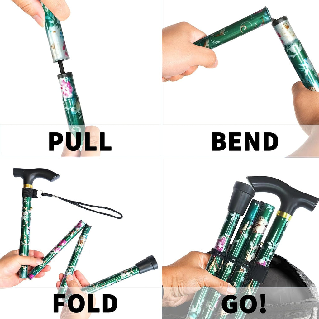 Folding Cane, 5-Level Adjustable Height Lightweight Portable Foldable Walking Canes with Wrist Strap and T Handle for