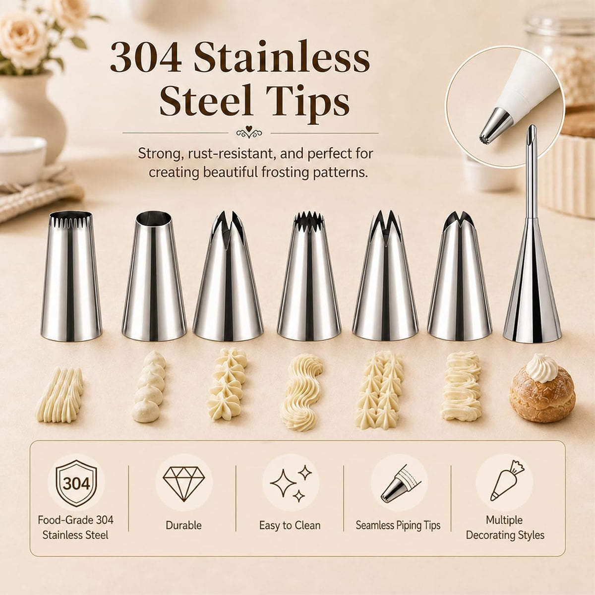 2 Reusable 16-Inch Cotton Piping Bags with Cut Lines, 7 Tips