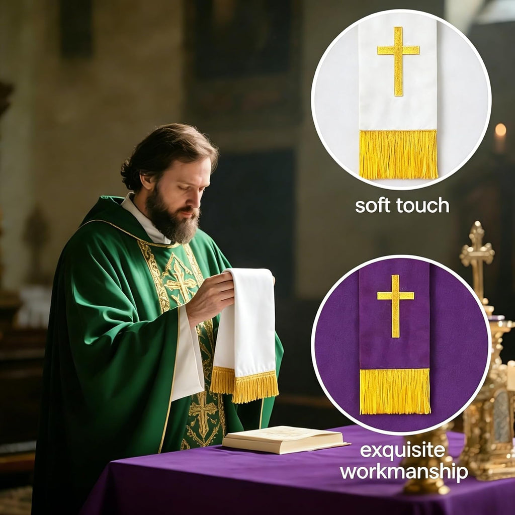 Set of 3 Reversible Parament Set,Pulpit Scarf and Communion Table Runner Bible Bookmark with Embroidered Cross Church