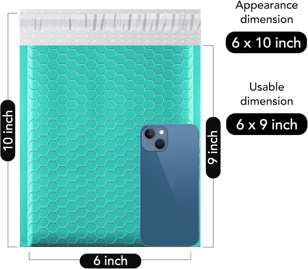Bubble Mailers 6x10" 100 Pack Teal Padded Envelopes Usable Size 6x9"