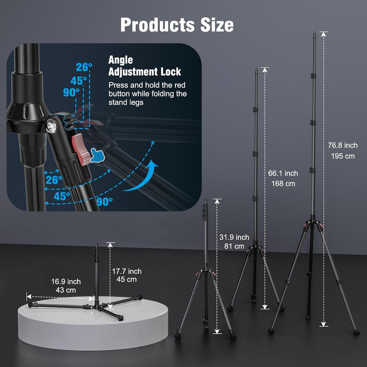 Photography Light Stand, 17.7–76.8" Adjustable Aluminum Tripod Light Stands with 1/4" Thread, Max Load 6.6lb