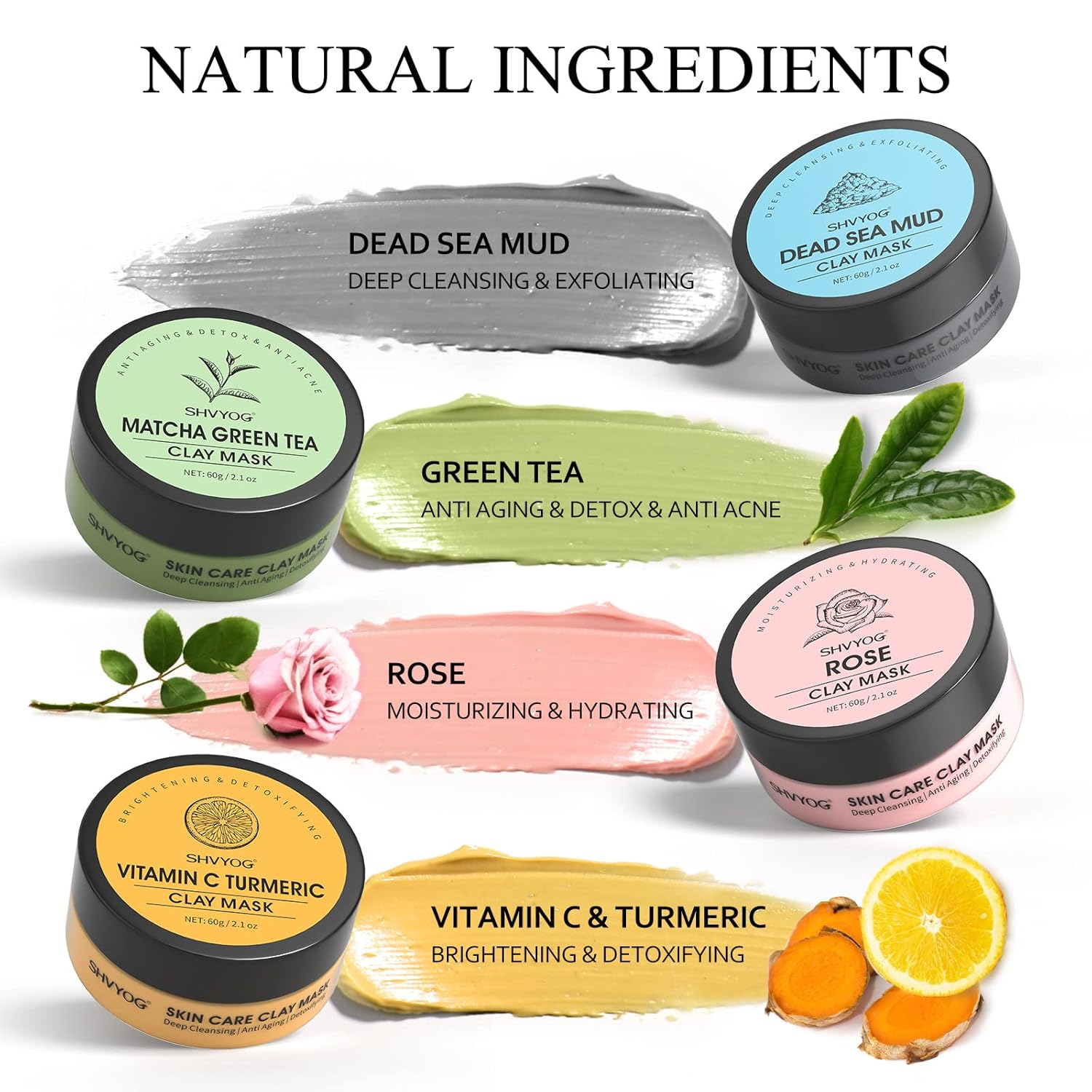 4Pcs Face Mask Set - Turmeric Clay Mask, Vitamin C, Green Tea, Rose, Dead Sea Mud Mask, Skin Care Mask for Deep