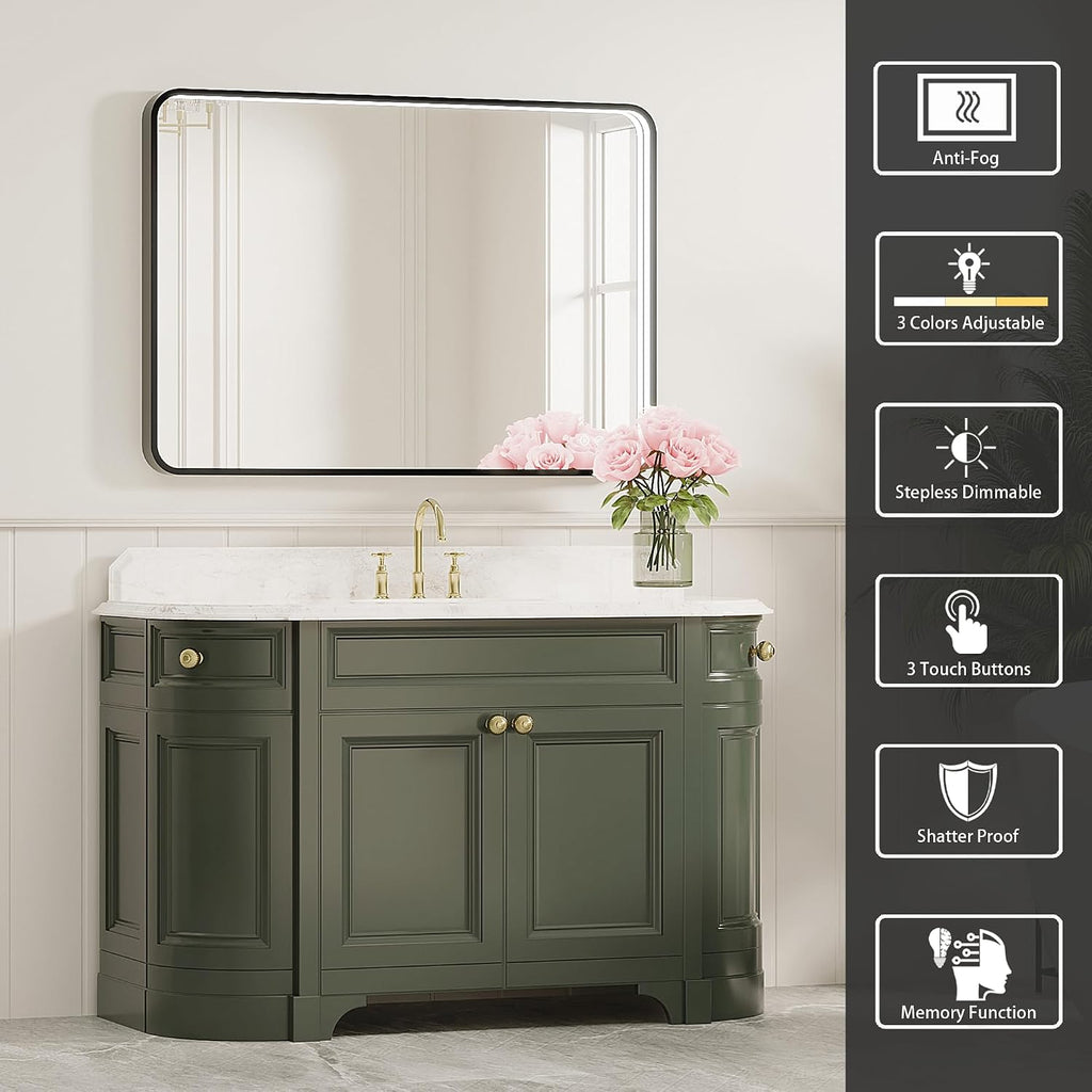 40x28 Inch LED Bathroom Mirror with Lights, Black Metal Framed LED Mirror for Bathroom, 3 Colors and Stepless