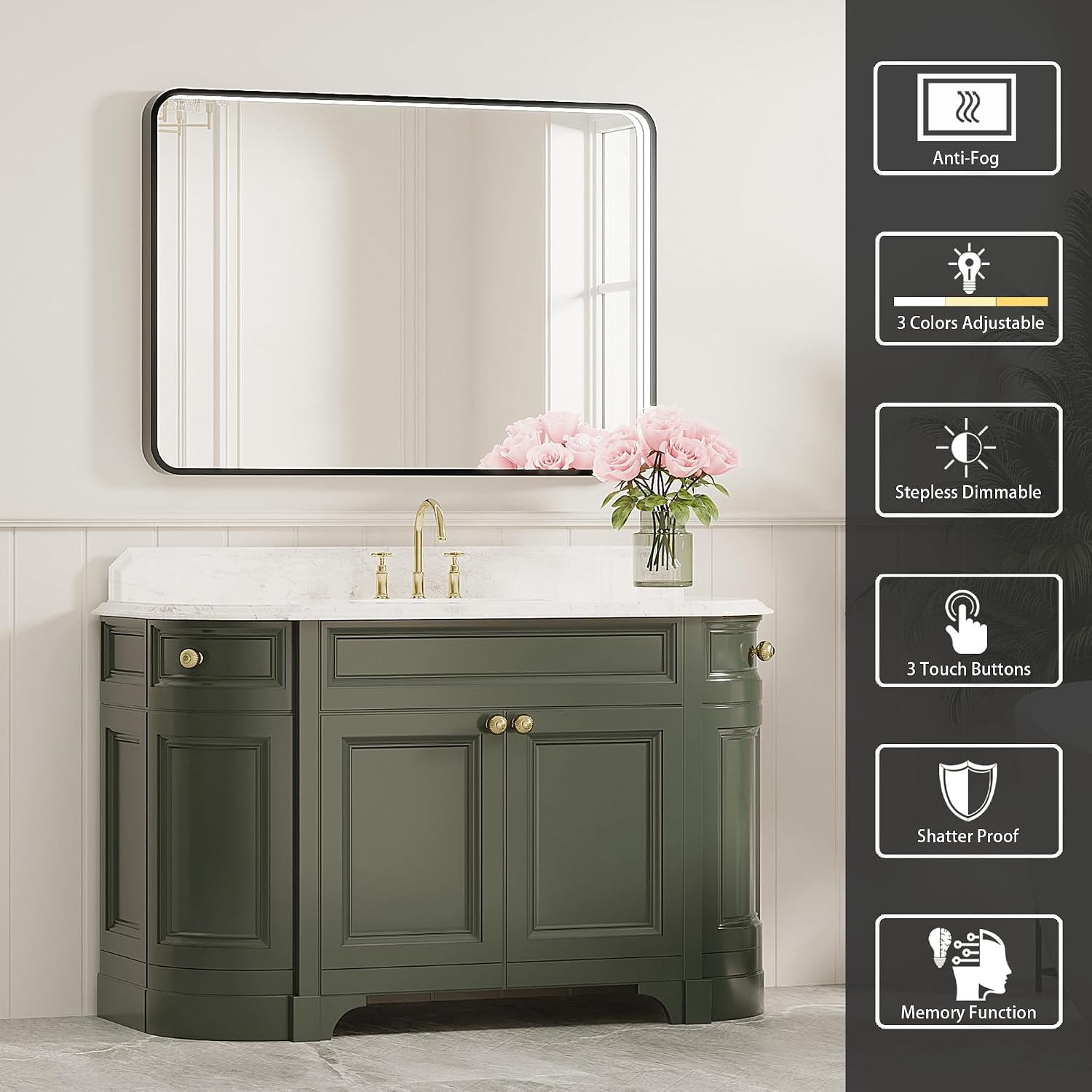 40x28 Inch LED Bathroom Mirror with Lights, Black Metal Framed LED Mirror for Bathroom, 3 Colors and Stepless