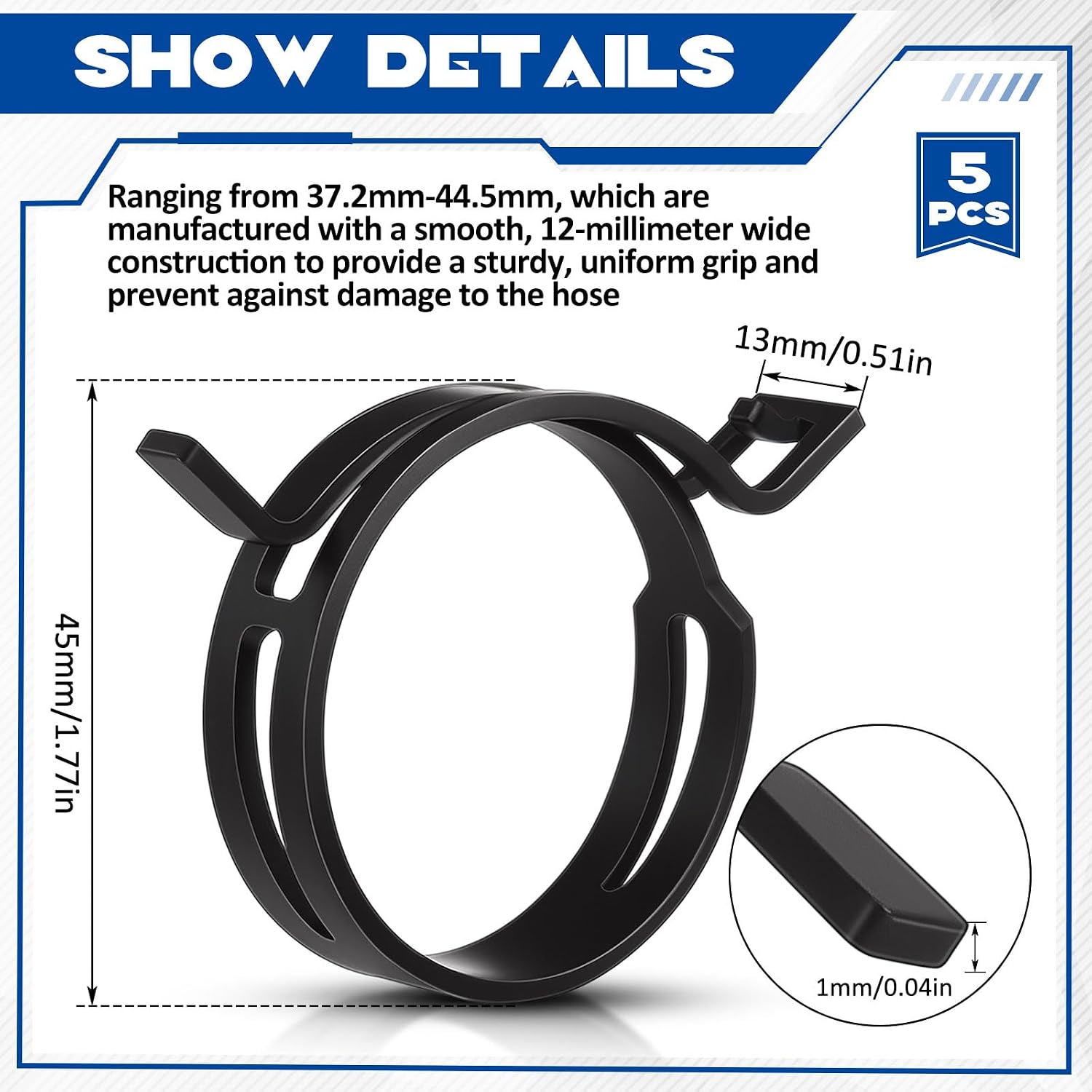 5 Pieces Constant Tension Band Hose Clamps Black Fuel Line Clips 12mm Width (43.5mm - 53mm)
