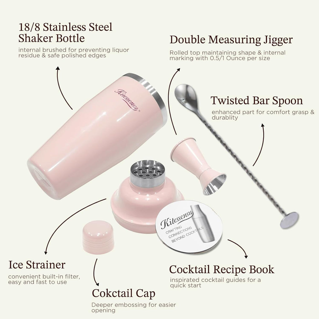 Cocktail Shaker Set, Stainless Steel Martini Shaker with Bartender Strainer, Measuring Jigger, Bar Mixing Spoon