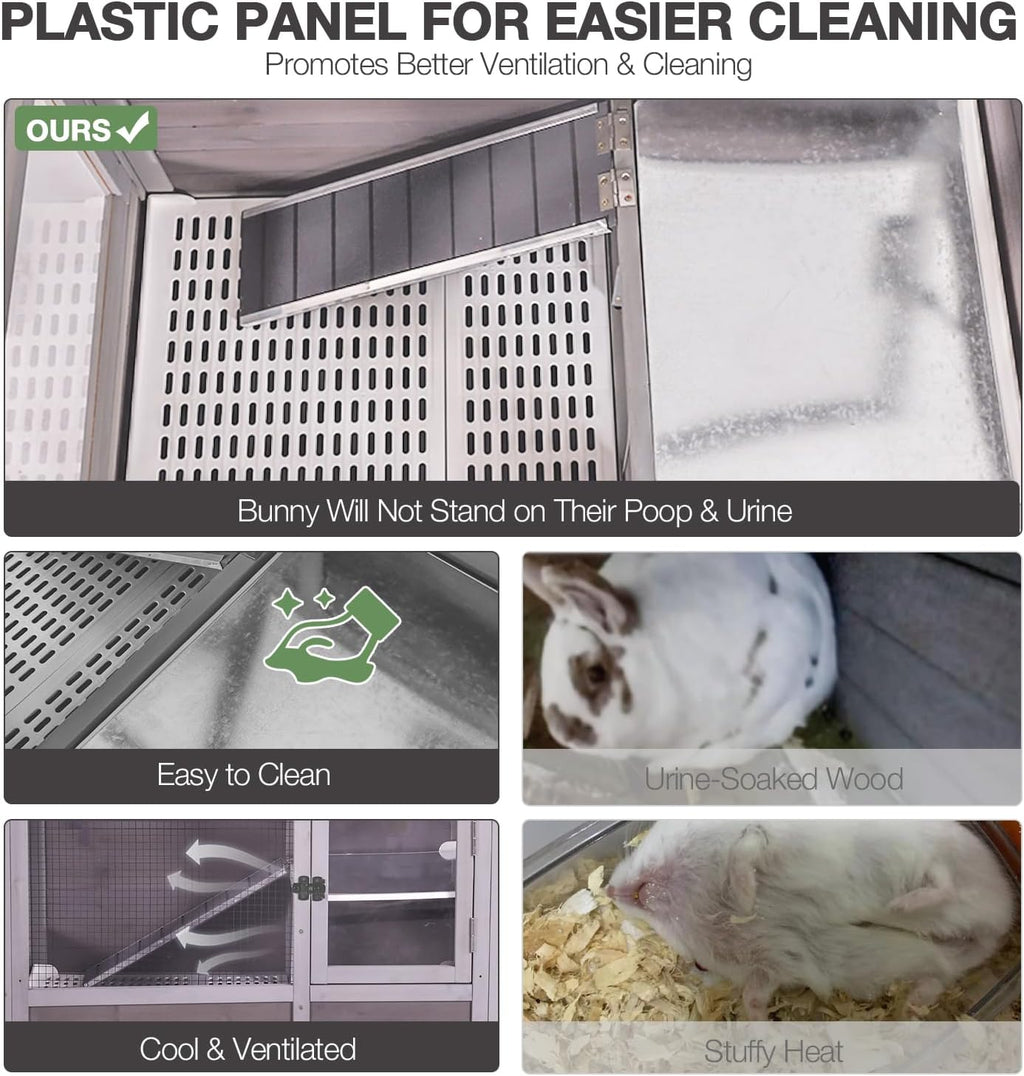 Wooden Guinea Pig Cages Indoor with Plastic Floor and Pull Out Tray, Two-Story Rabbit Cage with Anti-Chewing Ramp