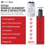Globe Capacitor, Oval Run Start, 15MFD CBB65 Single Element, 370V/440V
