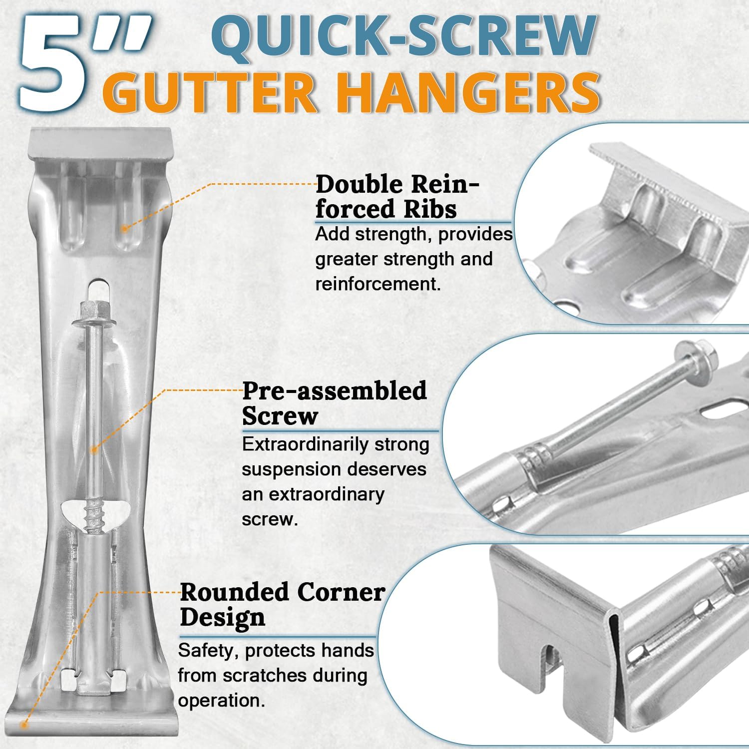 5 Inch Roofing Gutter Hangers, Quick Screw Hidden Gutter Support Brackets for Repairing Sagging 5 Inch K-Type